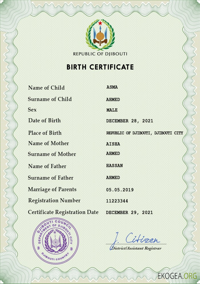 Modèle PSD de certificat de naissance de l'état civil de Djibouti